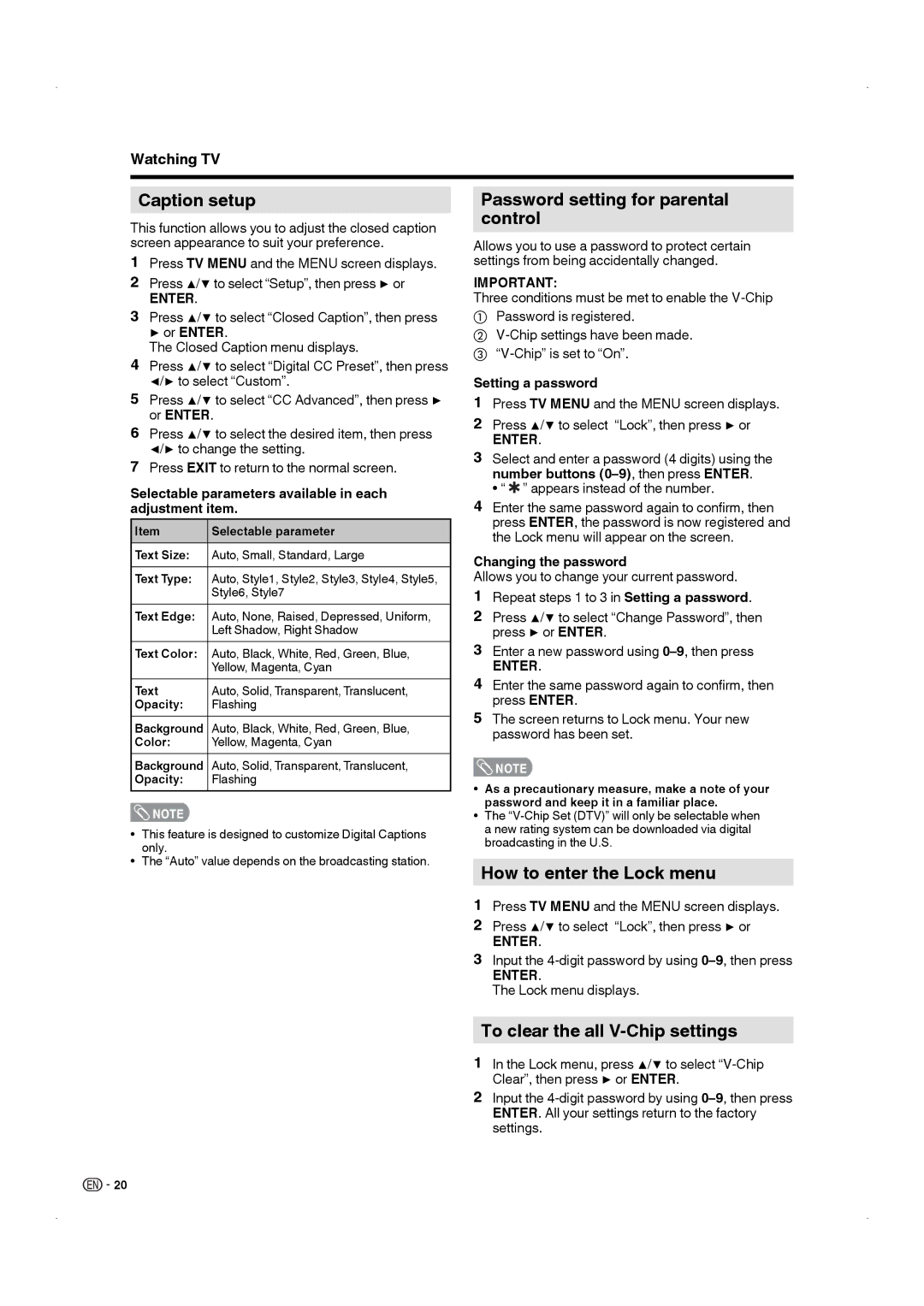 Sharp LC-22DV17U operation manual Caption setup, Password setting for parental control, How to enter the Lock menu 