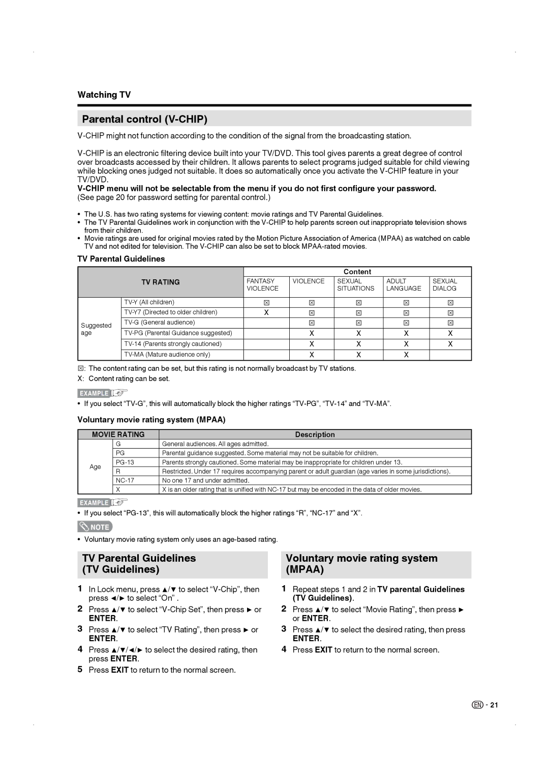 Sharp LC-22DV17U Parental control V-CHIP, TV Parental Guidelines TV Guidelines, Voluntary movie rating system Mpaa 