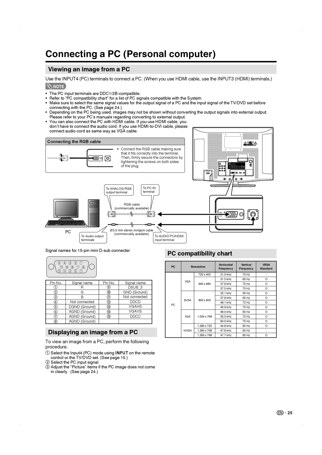 Sharp LC-22DV17U Connecting a PC Personal computer, Viewing an image from a PC, Displaying an image from a PC 