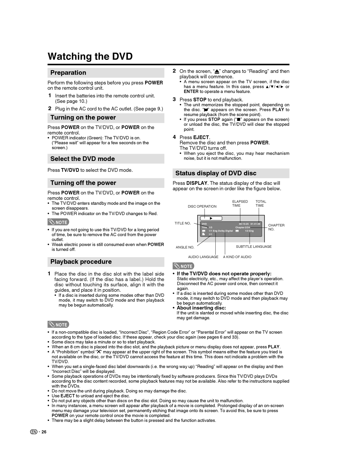 Sharp LC-22DV17U operation manual Watching the DVD, Select the DVD mode, Playback procedure, Status display of DVD disc 