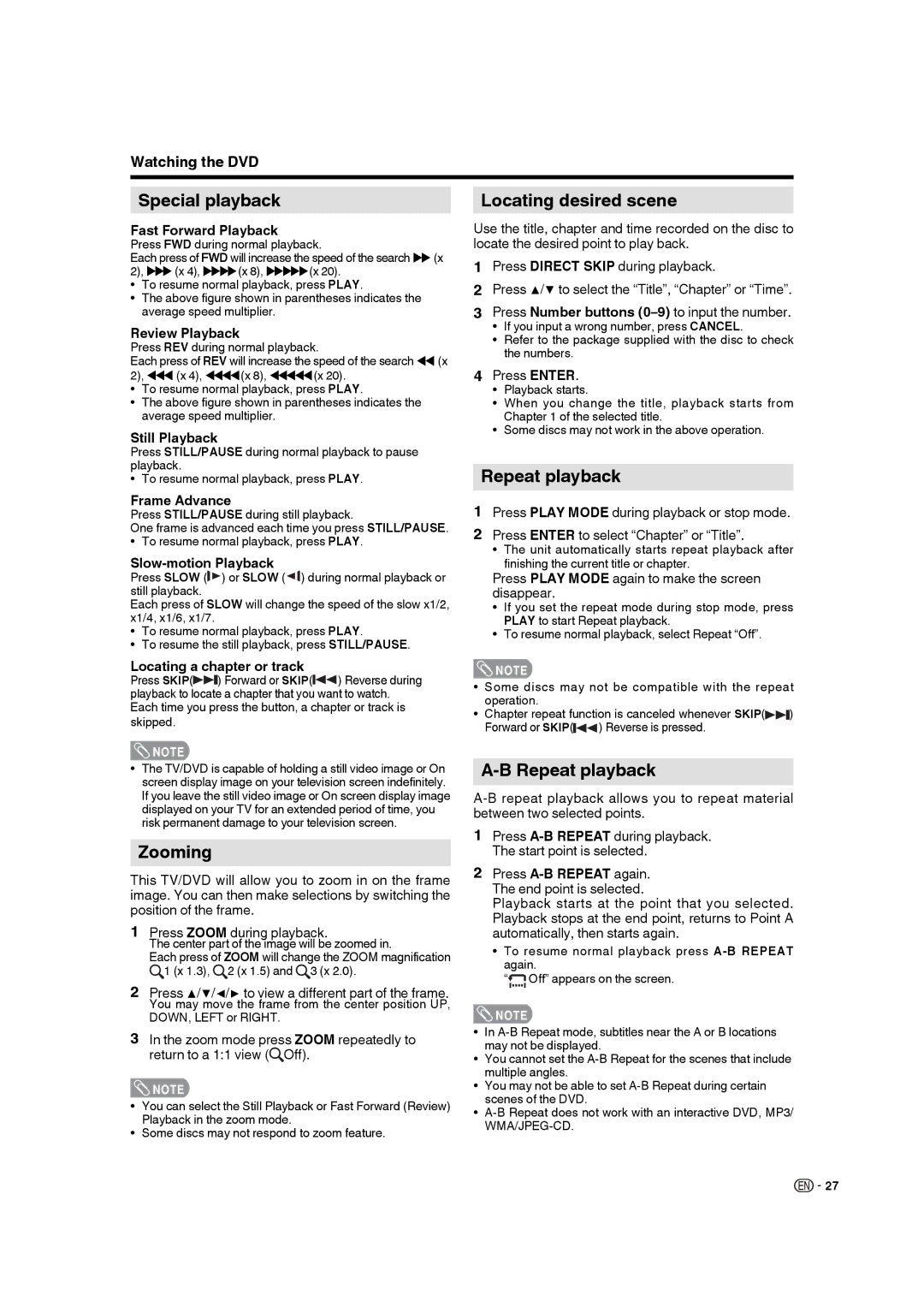 Sharp LC-22DV17U operation manual Special playback, Zooming, Locating desired scene, Repeat playback 