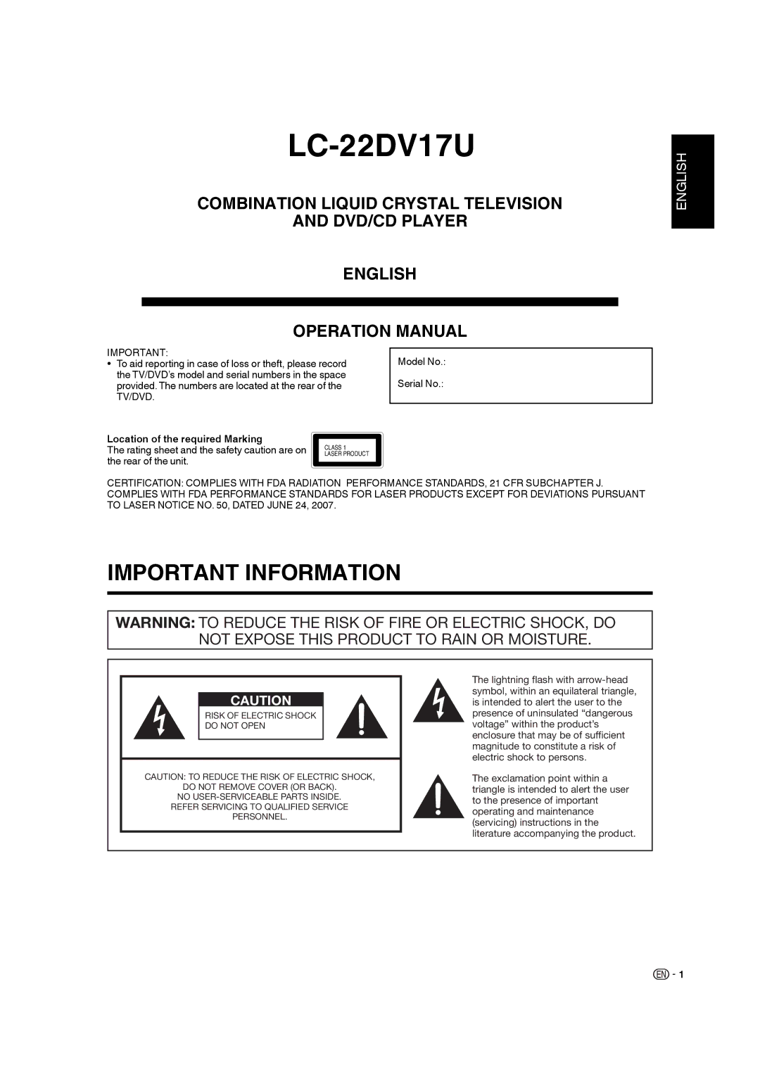 Sharp LC-22DV17U operation manual Model No, To aid reporting in case of loss or theft, please record, Tv/Dvd 