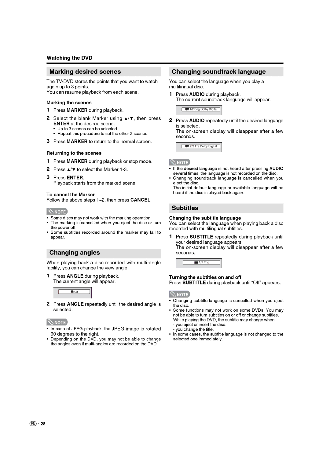 Sharp LC-22DV17U operation manual Marking desired scenes, Changing angles, Changing soundtrack language, Subtitles 