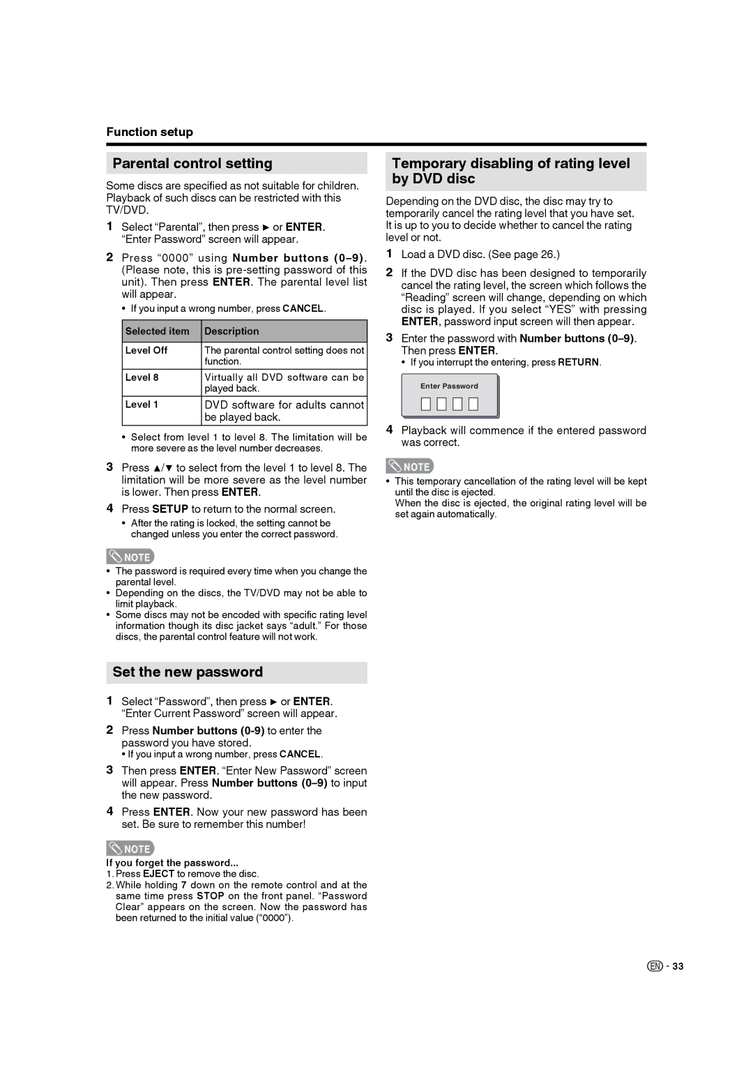 Sharp LC-22DV17U Parental control setting, Set the new password, Temporary disabling of rating level by DVD disc 