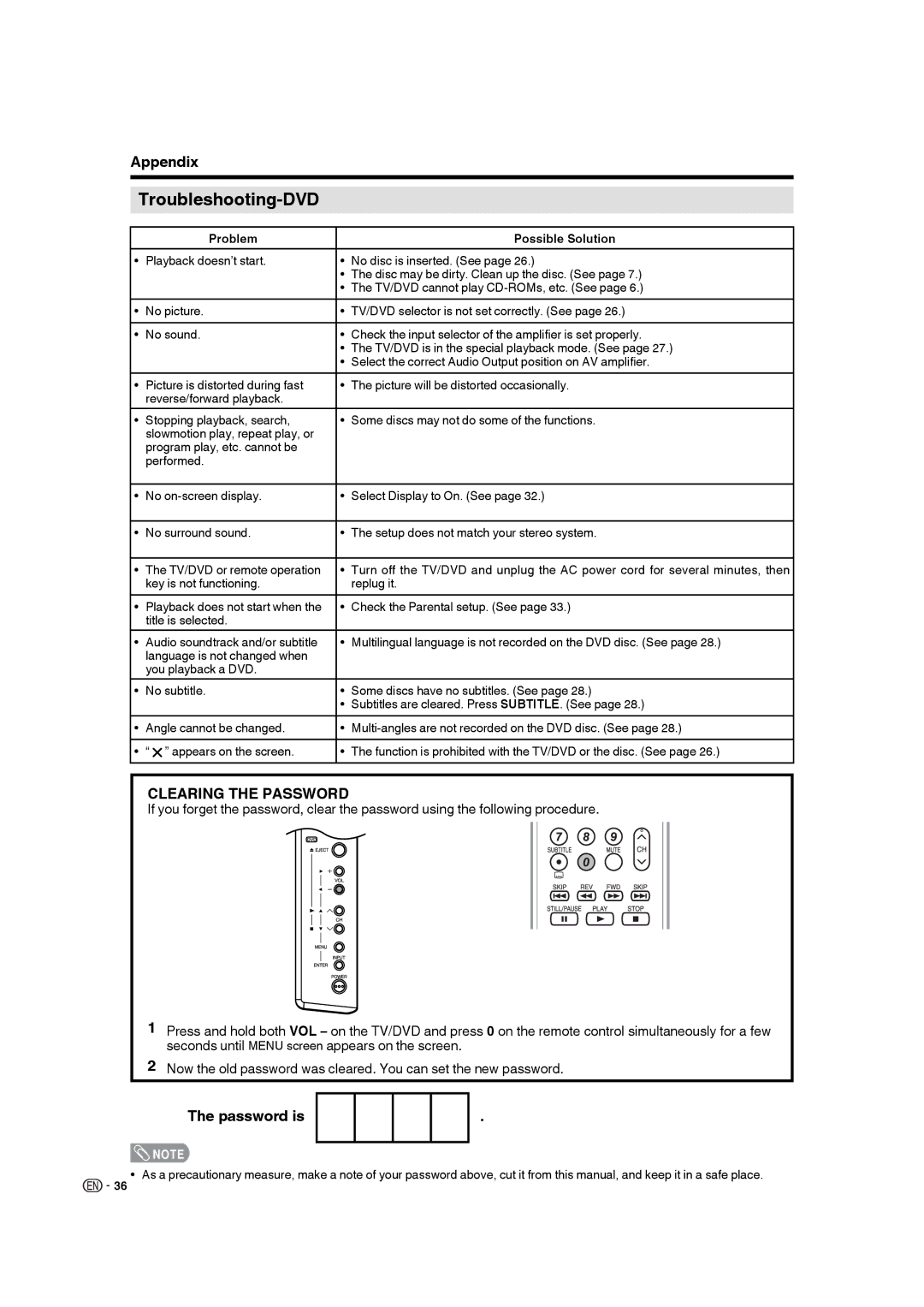 Sharp LC-22DV17U operation manual Troubleshooting-DVD, Clearing the Password 