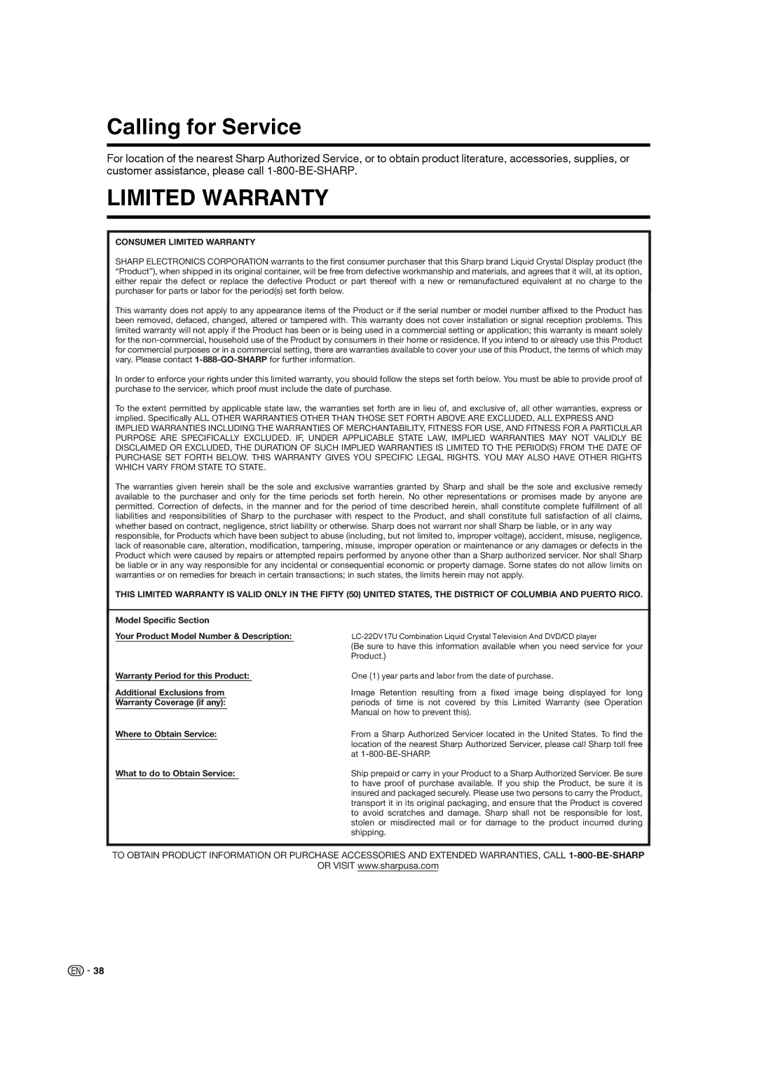 Sharp LC-22DV17U operation manual Calling for Service, Limited Warranty 