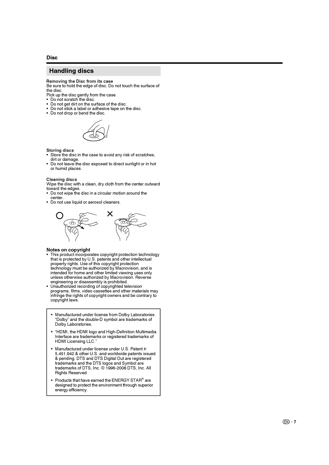 Sharp LC-22DV17U operation manual Handling discs, Removing the Disc from its case, Storing discs, Cleaning discs 