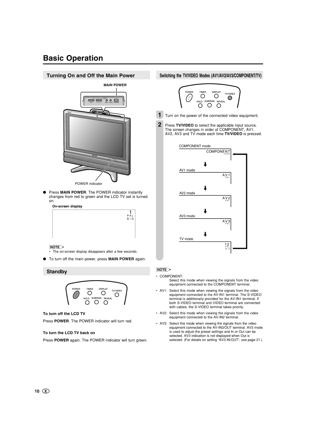 Sharp LC-22GA3M, LC-22GA3X Basic Operation, Turning On and Off the Main Power, Standby, To turn off the LCD TV 