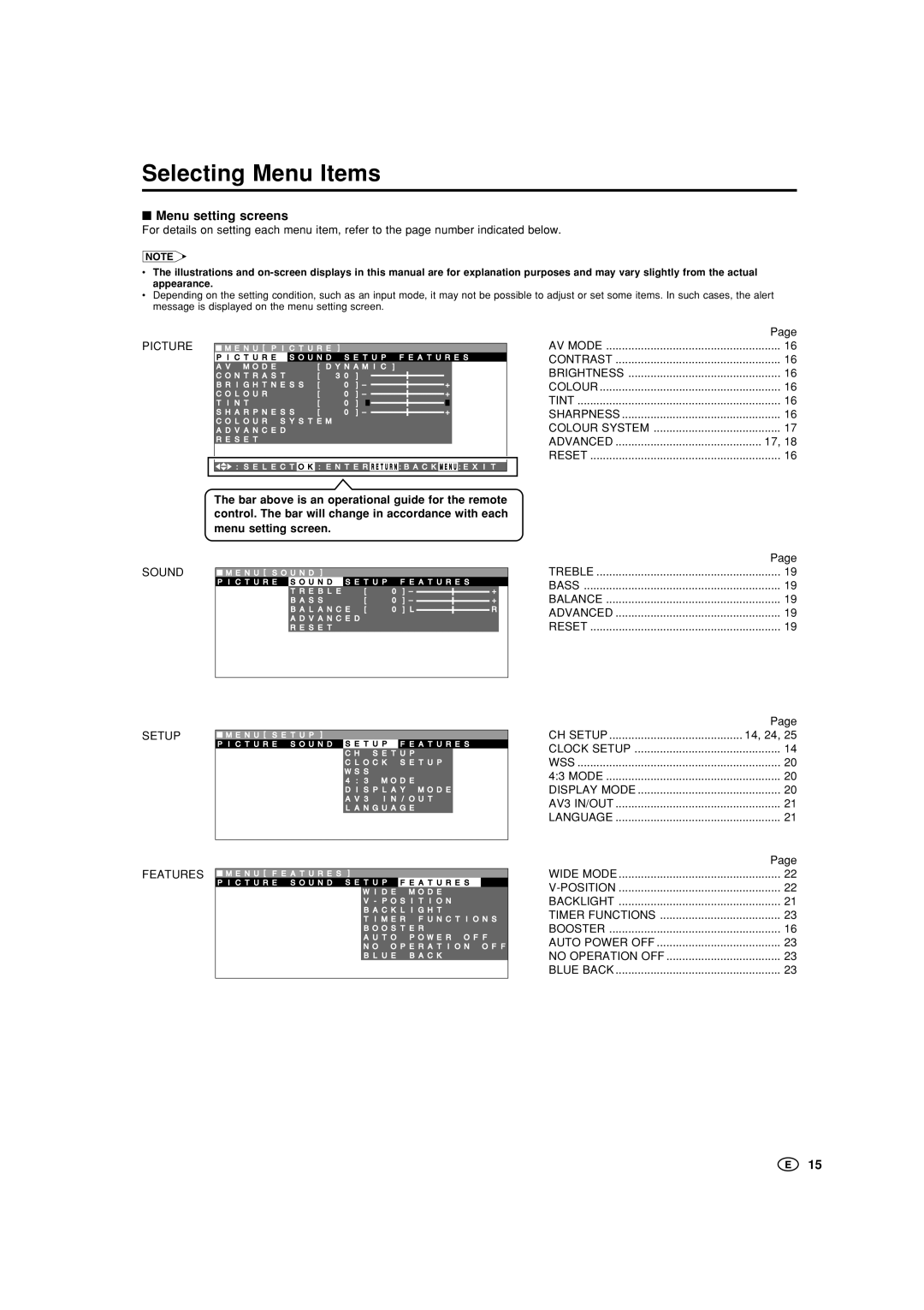 Sharp LC-22GA3X, LC-22GA3M operation manual Selecting Menu Items, Menu setting screens, 14, 24, Timer Functions 