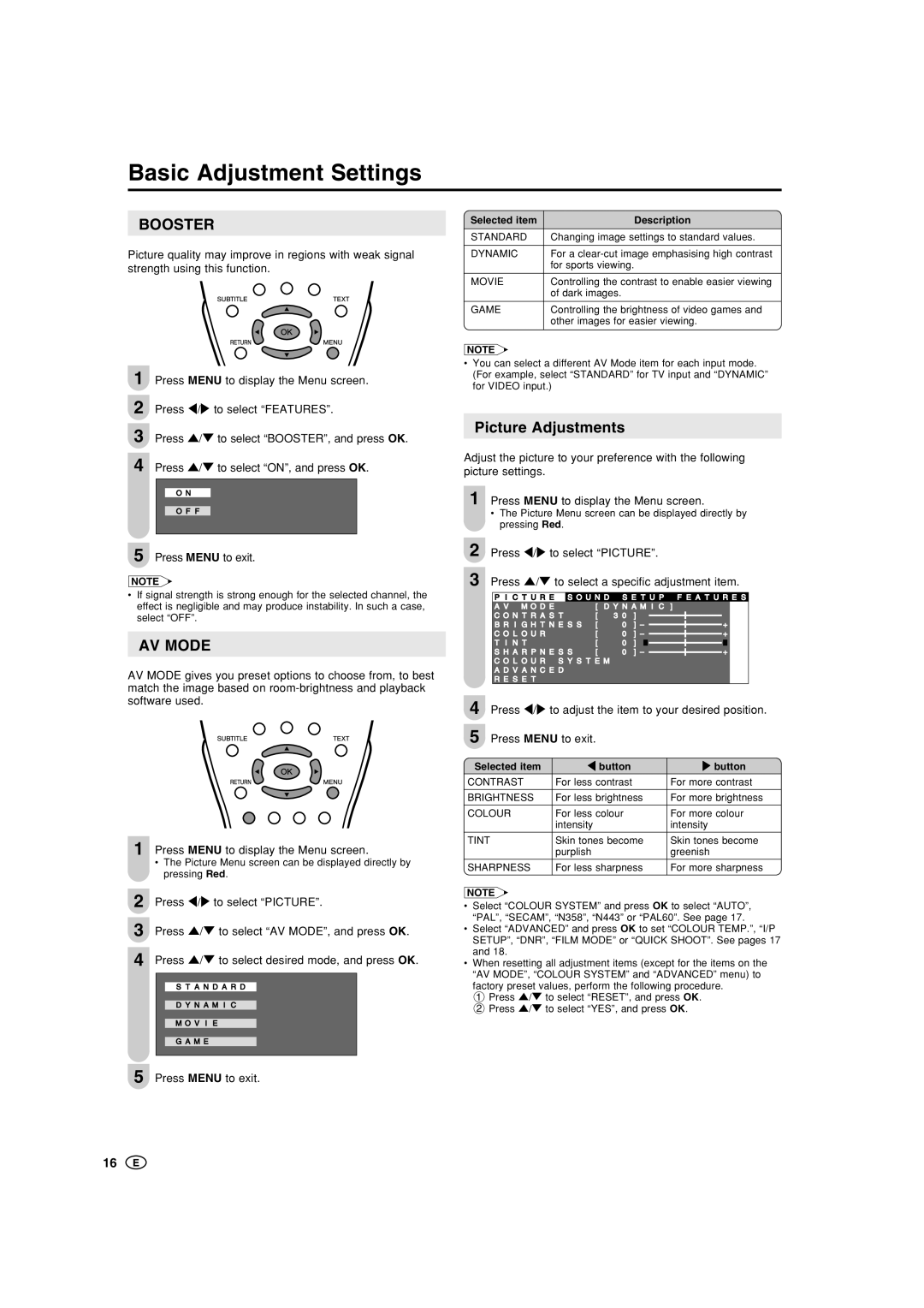 Sharp LC-22GA3M, LC-22GA3X operation manual Basic Adjustment Settings, Booster, Picture Adjustments, AV Mode 