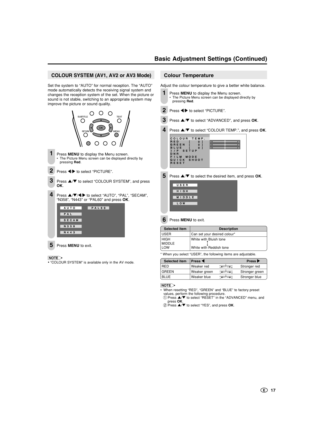 Sharp LC-22GA3X Basic Adjustment Settings, Colour System AV1, AV2 or AV3 Mode Colour Temperature, Selected item Press 