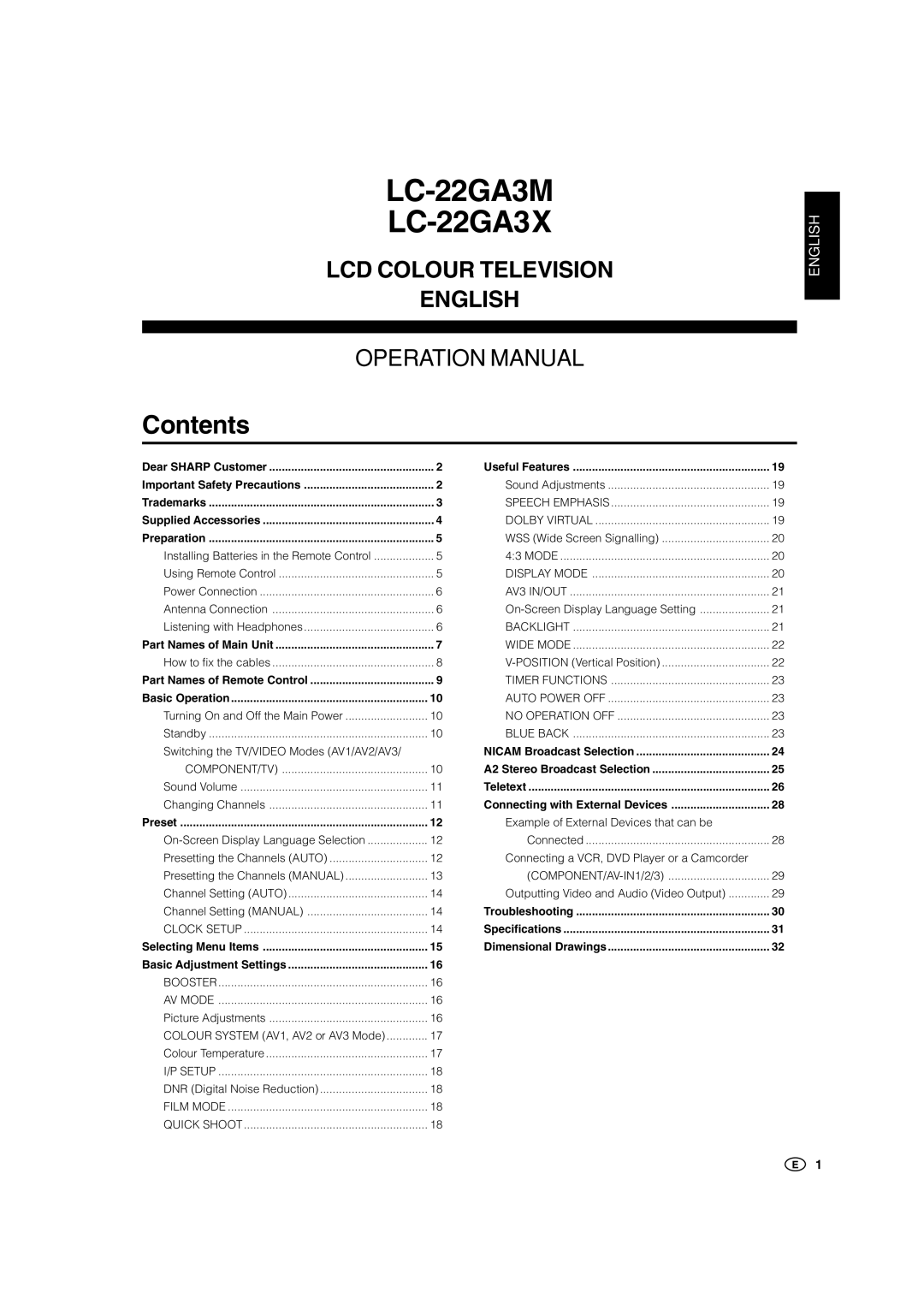 Sharp operation manual LC-22GA3M LC-22GA3X 