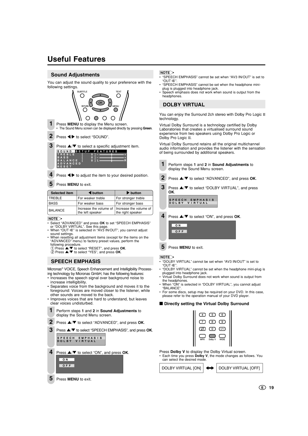 Sharp LC-22GA3X, LC-22GA3M operation manual Useful Features, Sound Adjustments, Speech Emphasis, Dolby Virtual 