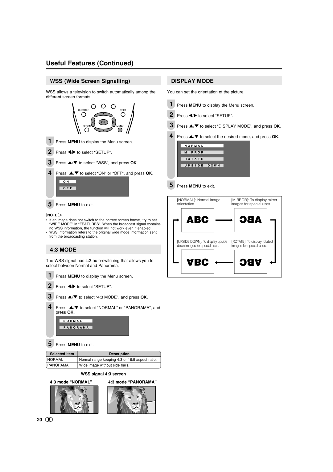 Sharp LC-22GA3M, LC-22GA3X operation manual Useful Features, WSS Wide Screen Signalling, Display Mode 