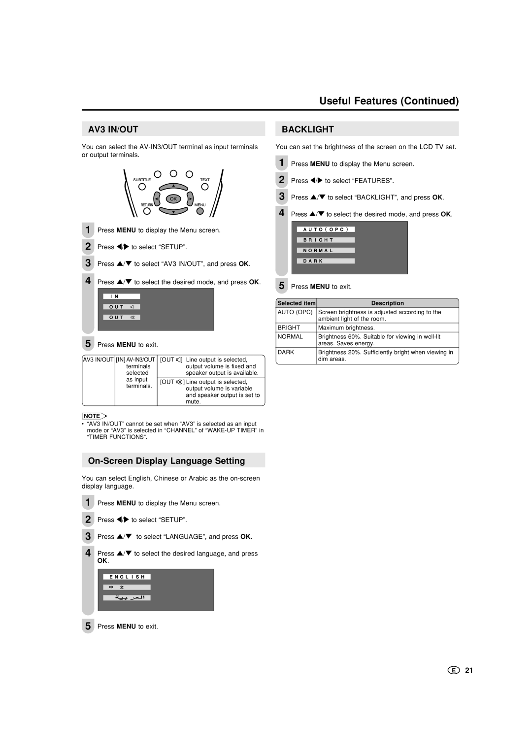 Sharp LC-22GA3X, LC-22GA3M operation manual AV3 IN/OUT, Backlight, On-Screen Display Language Setting 