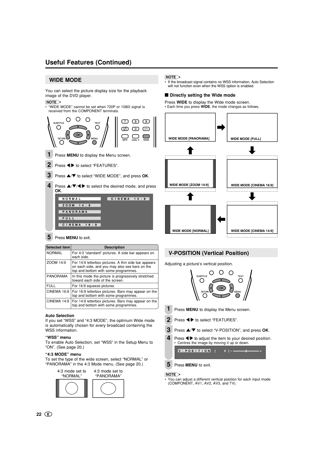 Sharp LC-22GA3M, LC-22GA3X operation manual Wide Mode, Position Vertical Position, Directly setting the Wide mode 