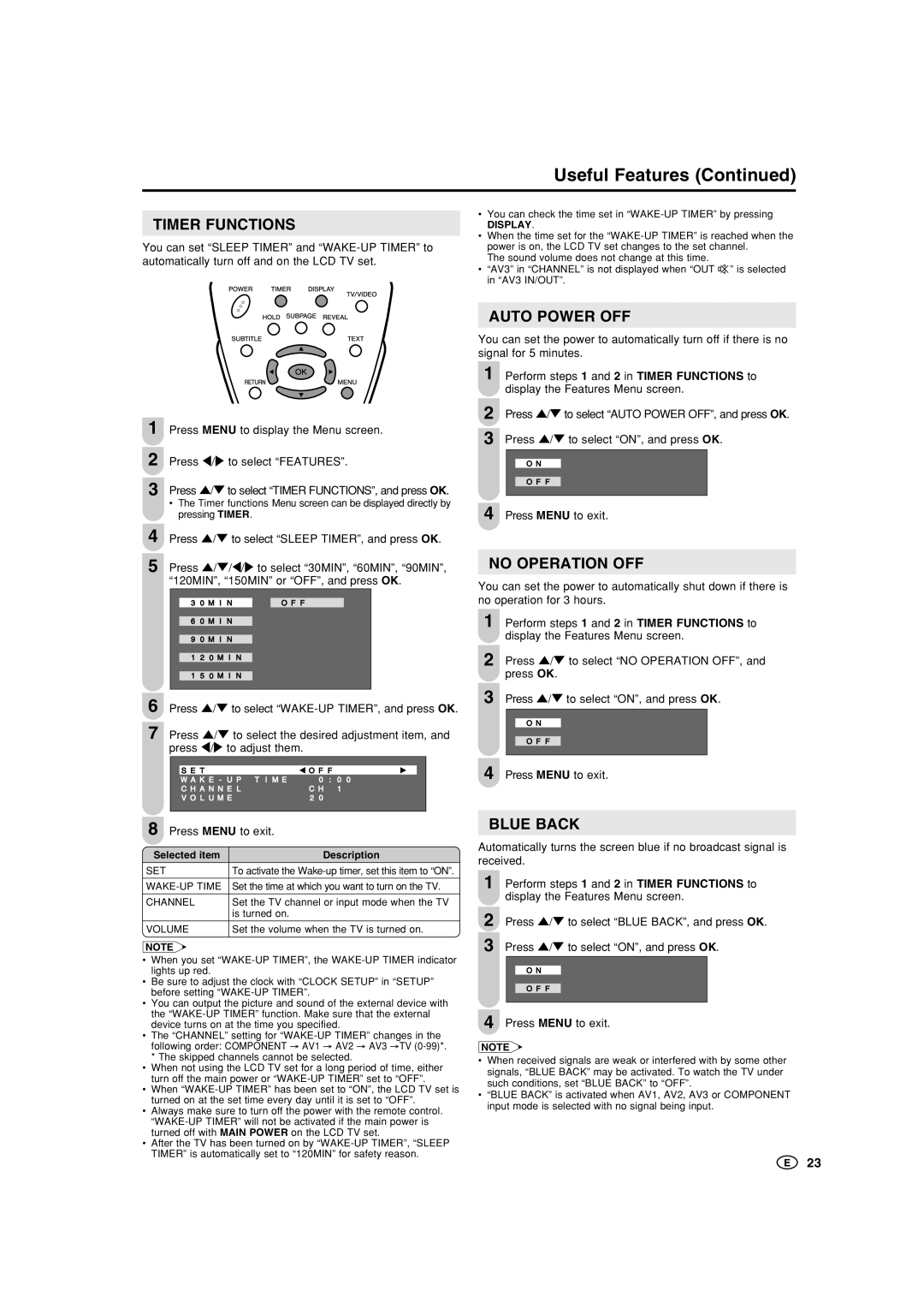 Sharp LC-22GA3X, LC-22GA3M operation manual Timer Functions, Auto Power OFF, No Operation OFF, Blue Back 