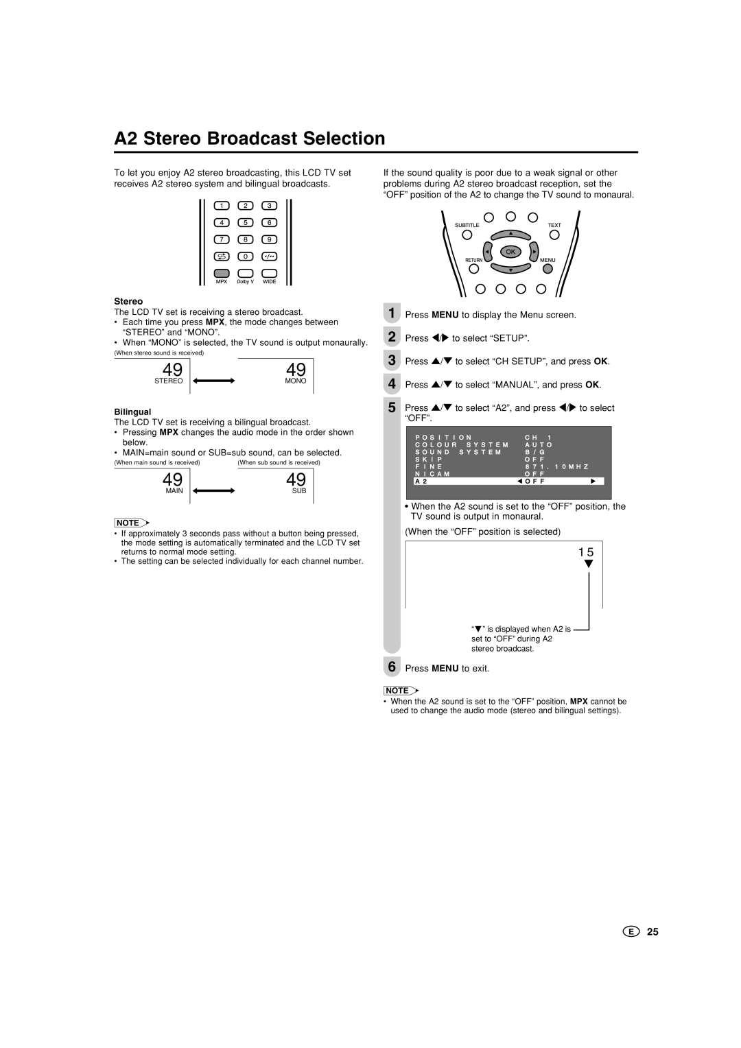 Sharp LC-22GA3X, LC-22GA3M operation manual A2 Stereo Broadcast Selection 