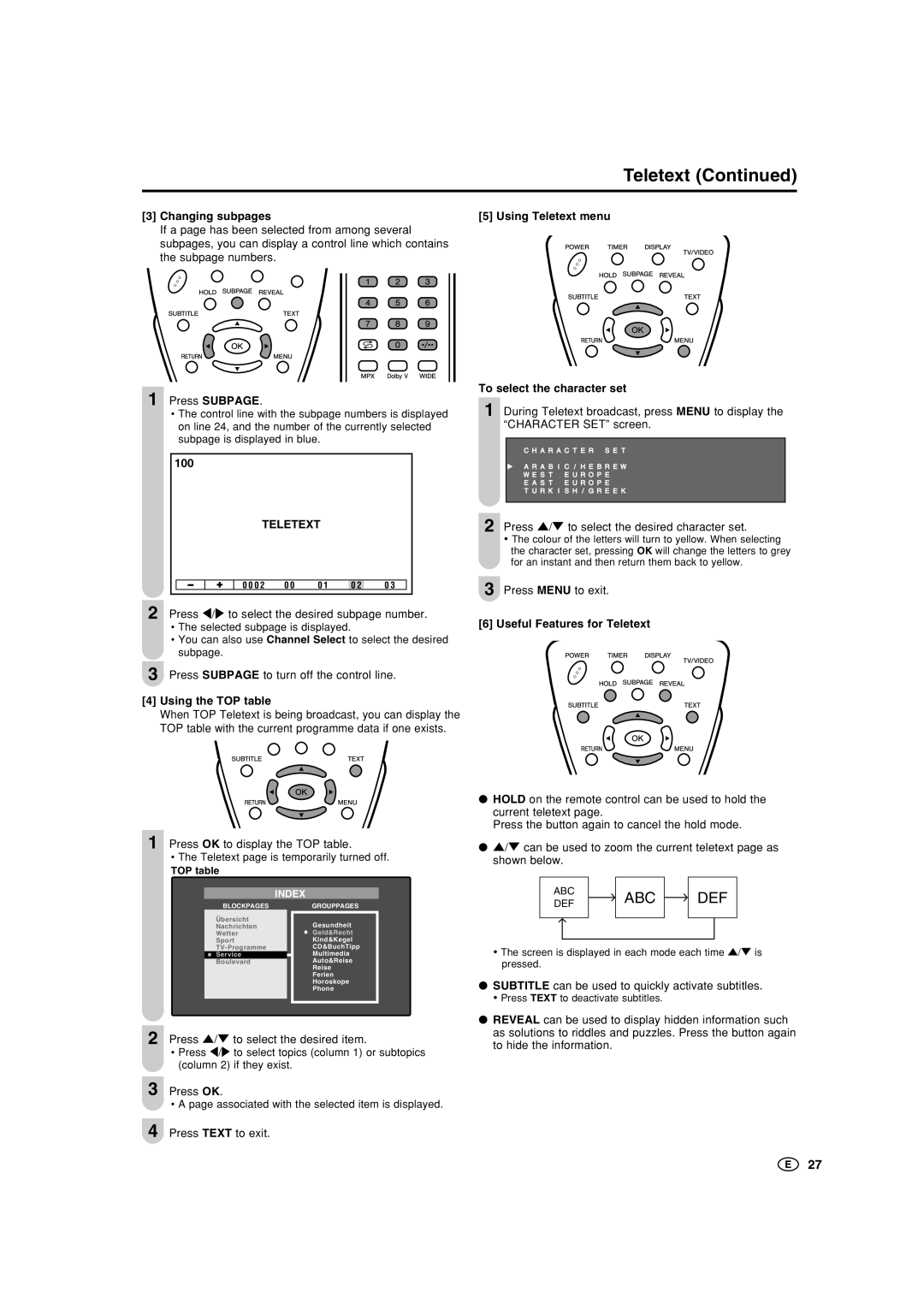 Sharp LC-22GA3X, LC-22GA3M Changing subpages Using Teletext menu, Using the TOP table, To select the character set 