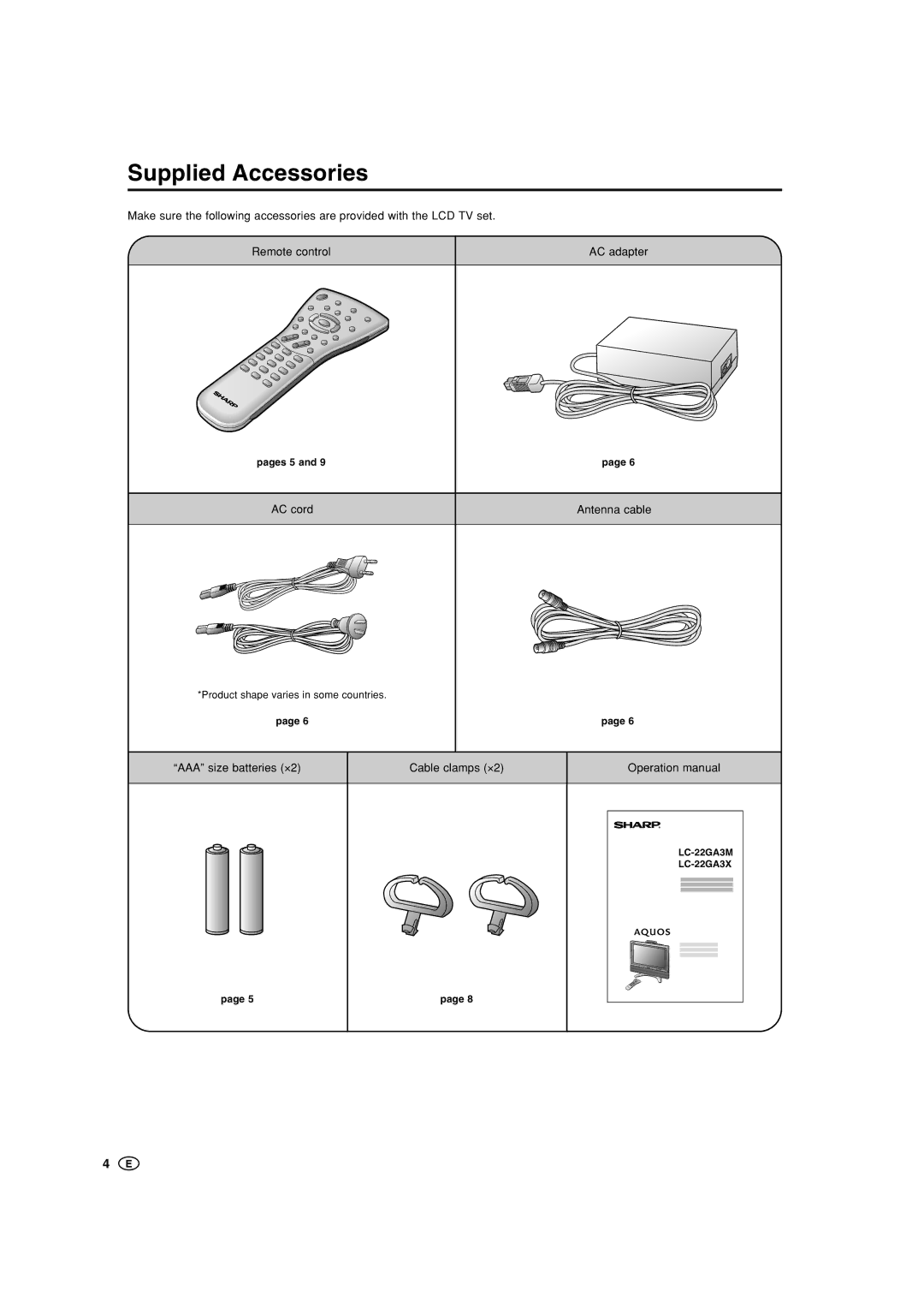 Sharp LC-22GA3M, LC-22GA3X Supplied Accessories, AC cord Antenna cable, AAA size batteries ⋅2 Cable clamps ⋅2, Pages 5 