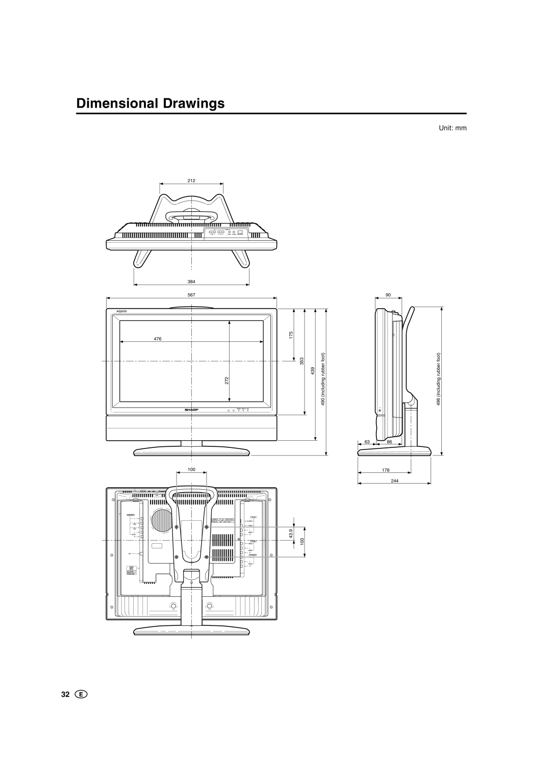 Sharp LC-22GA3M, LC-22GA3X operation manual Dimensional Drawings, Unit mm 