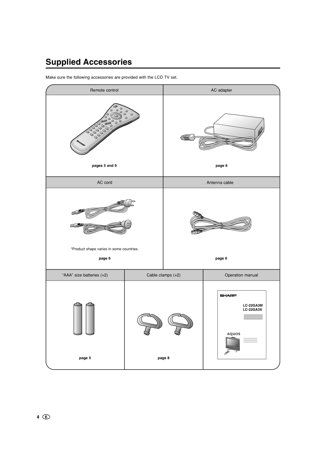 Sharp LC-22GA3M Supplied Accessories, Make sure the following accessories are provided with the LCD TV set, Remote control 