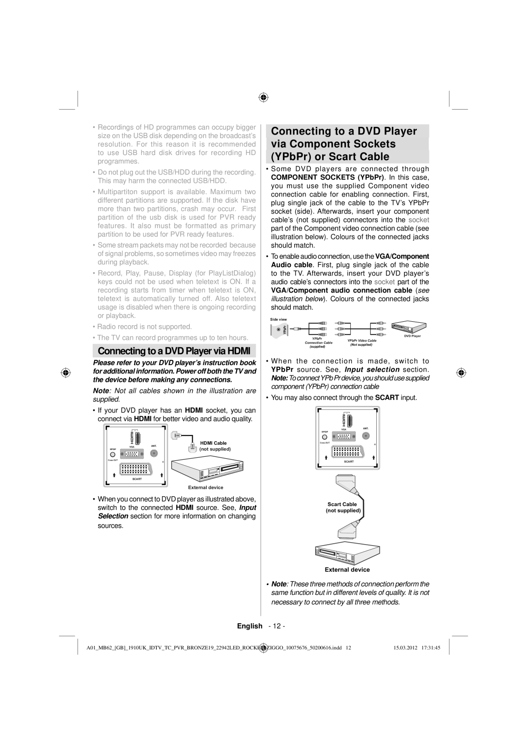 Sharp LC-22LE240E operation manual Connecting to a DVD Player via Hdmi, Partition to be used for PVR ready features 