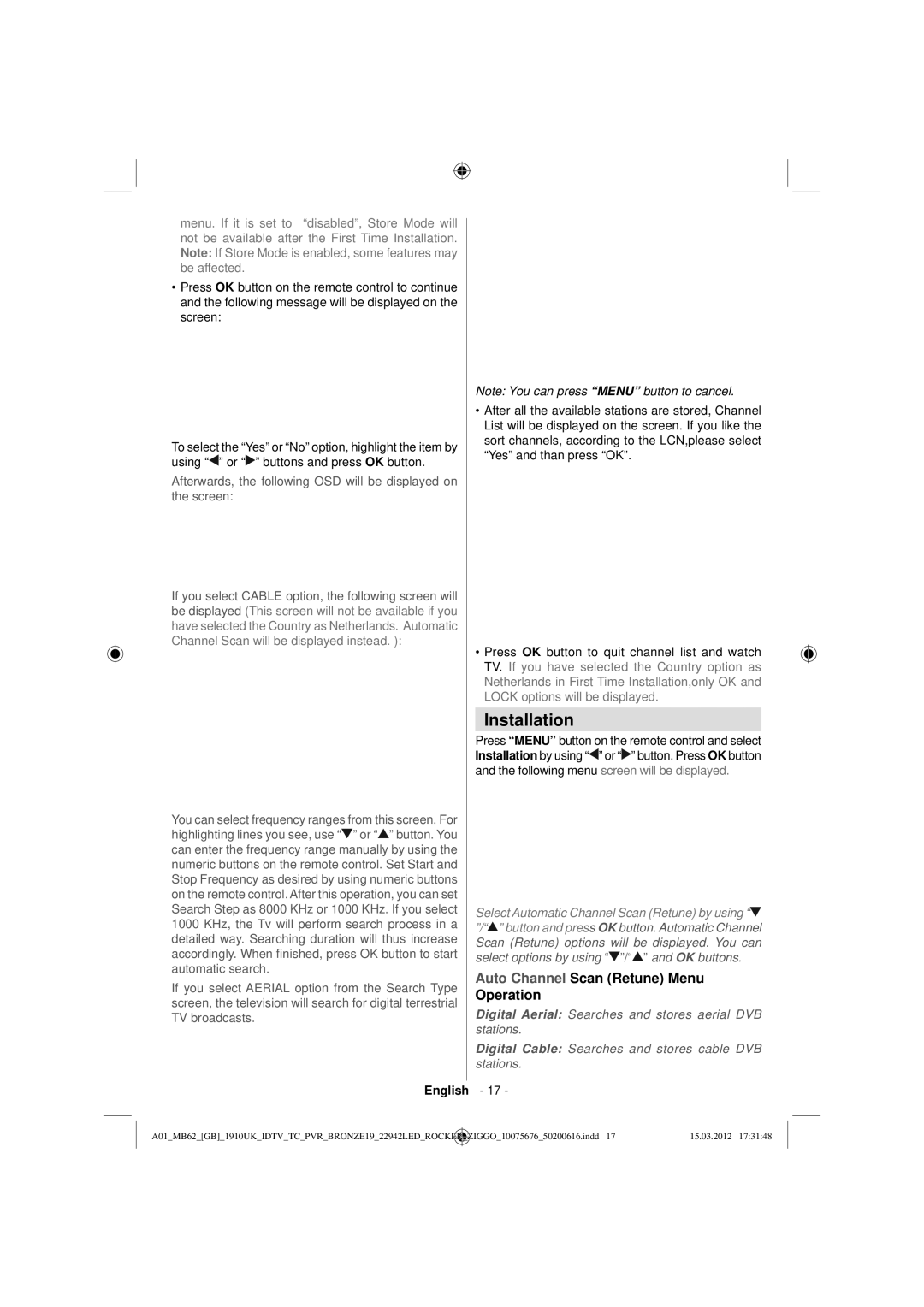 Sharp LC-22LE240E operation manual Installation, Auto Channel Scan Retune Menu Operation 