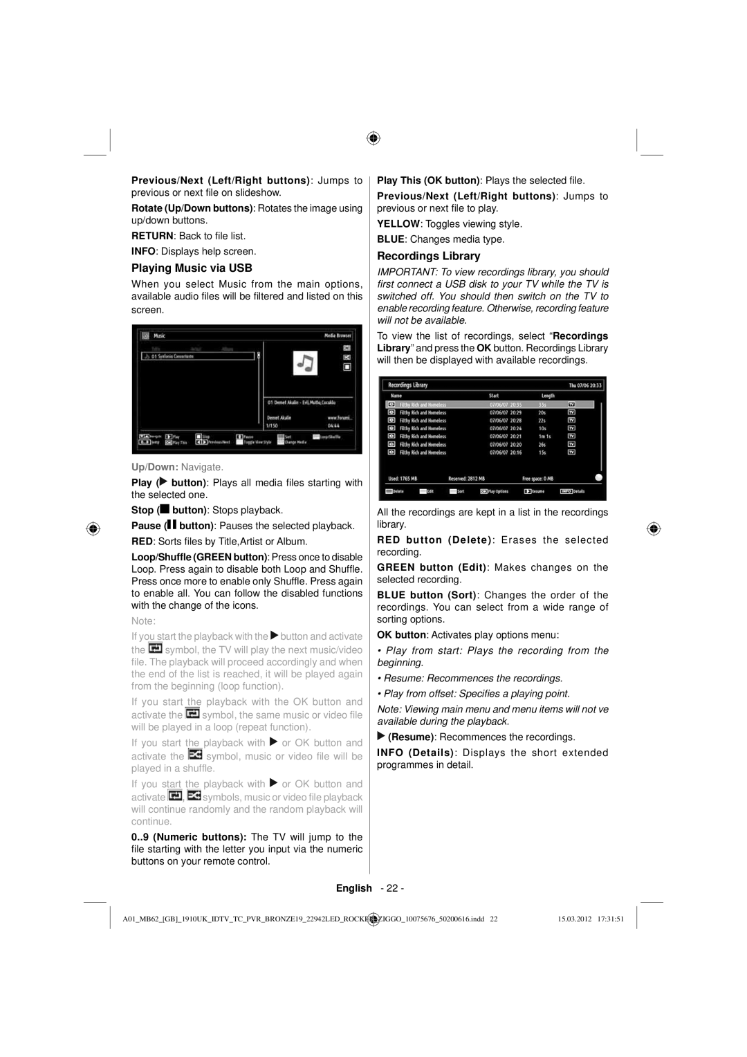 Sharp LC-22LE240E operation manual Playing Music via USB, Recordings Library 