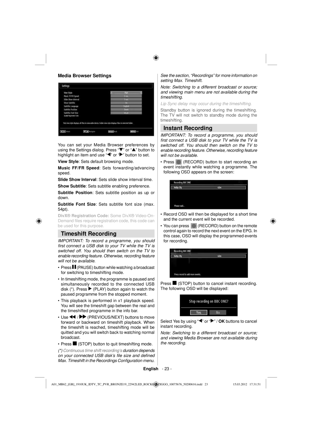 Sharp LC-22LE240E operation manual Timeshift Recording, Instant Recording, Media Browser Settings 