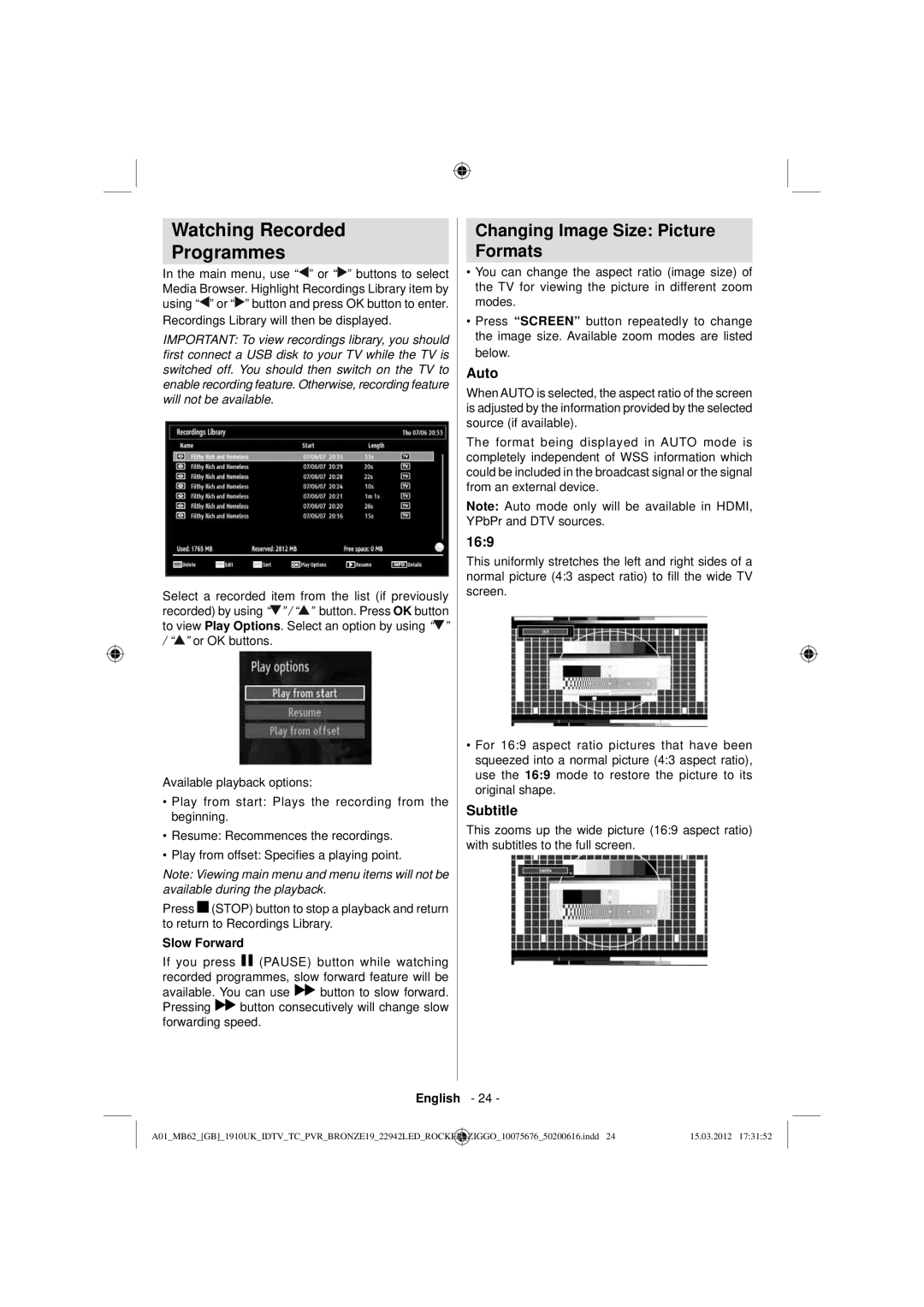 Sharp LC-22LE240E operation manual Watching Recorded Programmes, Changing Image Size Picture Formats, Auto, 169, Subtitle 