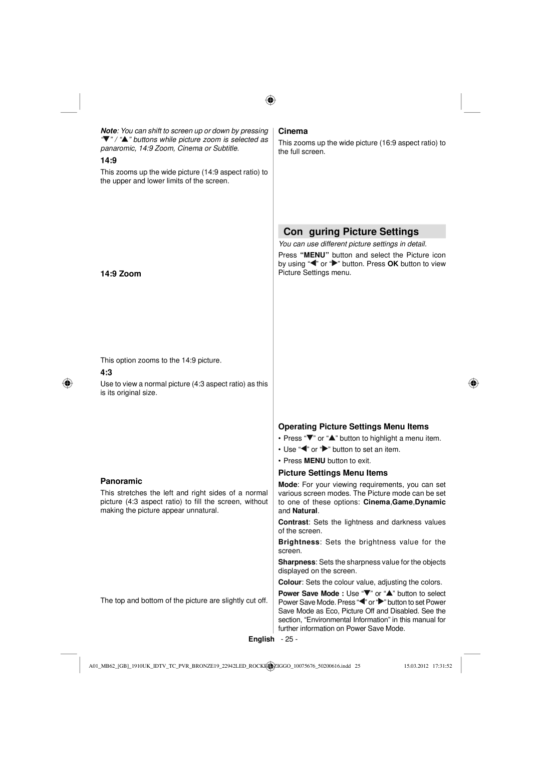 Sharp LC-22LE240E operation manual Conﬁguring Picture Settings 