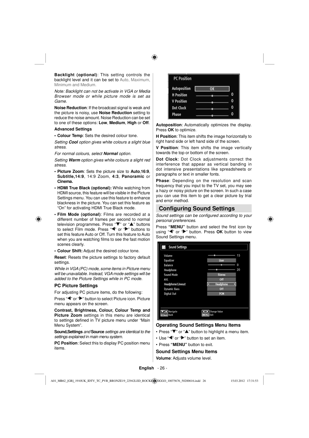 Sharp LC-22LE240E operation manual Conﬁguring Sound Settings, PC Picture Settings, Operating Sound Settings Menu Items 