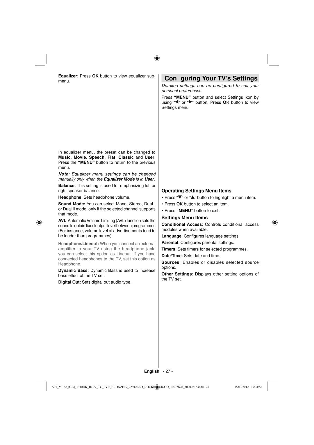 Sharp LC-22LE240E operation manual Conﬁguring Your TV’s Settings, Operating Settings Menu Items 