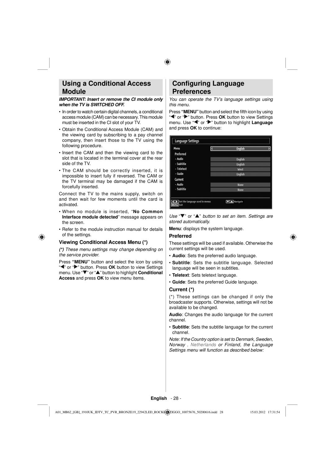 Sharp LC-22LE240E Using a Conditional Access Module, Conﬁguring Language Preferences, Viewing Conditional Access Menu 