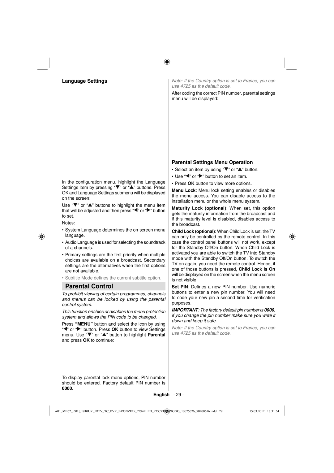 Sharp LC-22LE240E operation manual Parental Control, Language Settings, Parental Settings Menu Operation 