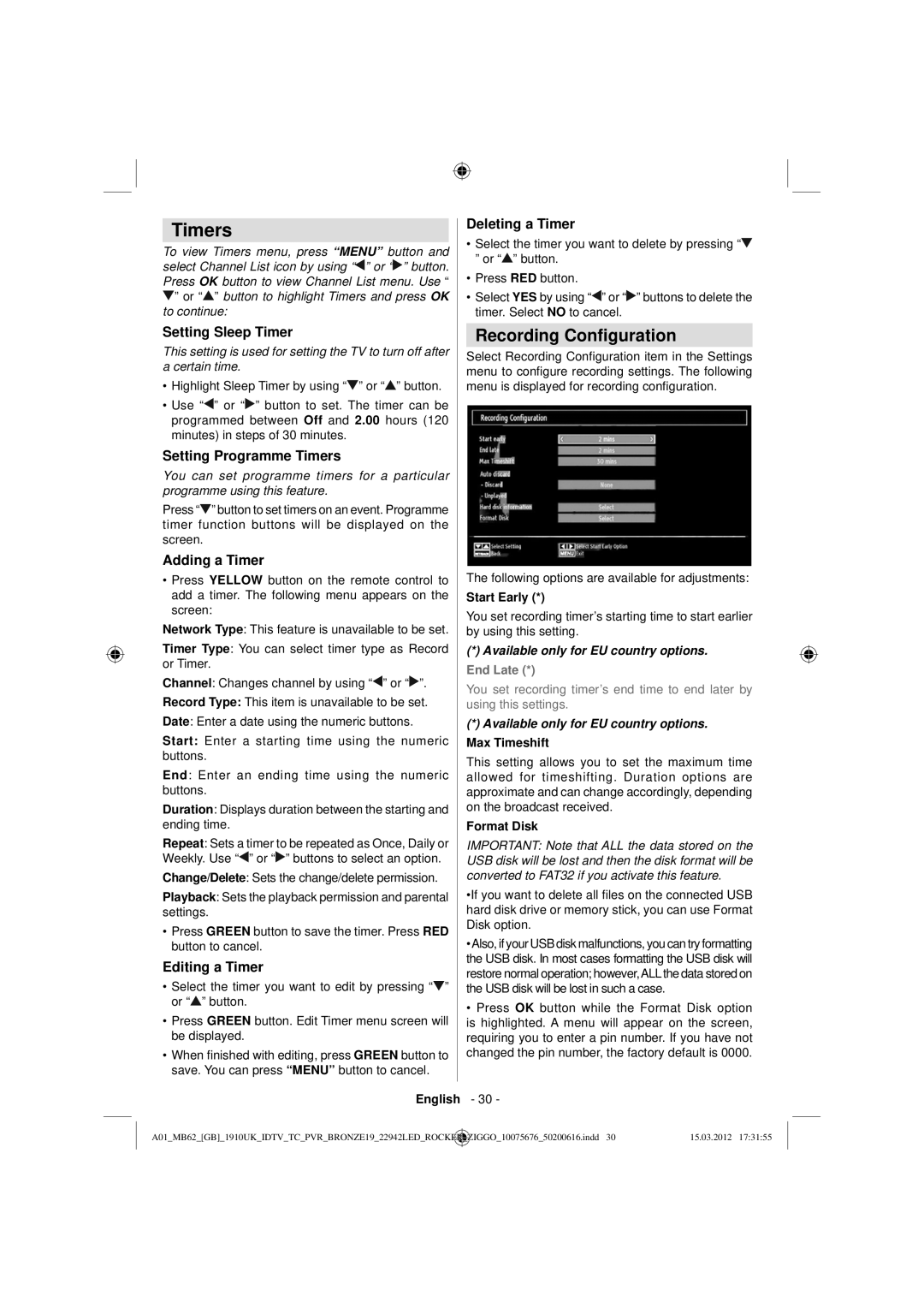 Sharp LC-22LE240E operation manual Timers, Recording Conﬁguration 