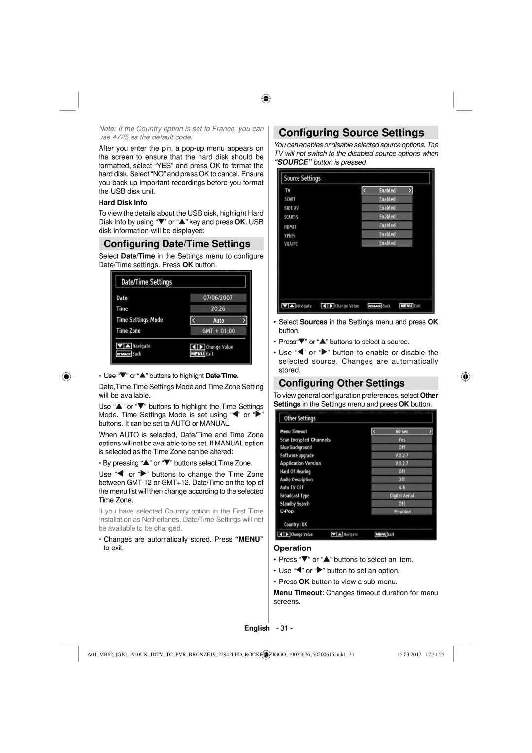 Sharp LC-22LE240E Conﬁguring Source Settings, Conﬁguring Date/Time Settings, Conﬁguring Other Settings, Hard Disk Info 