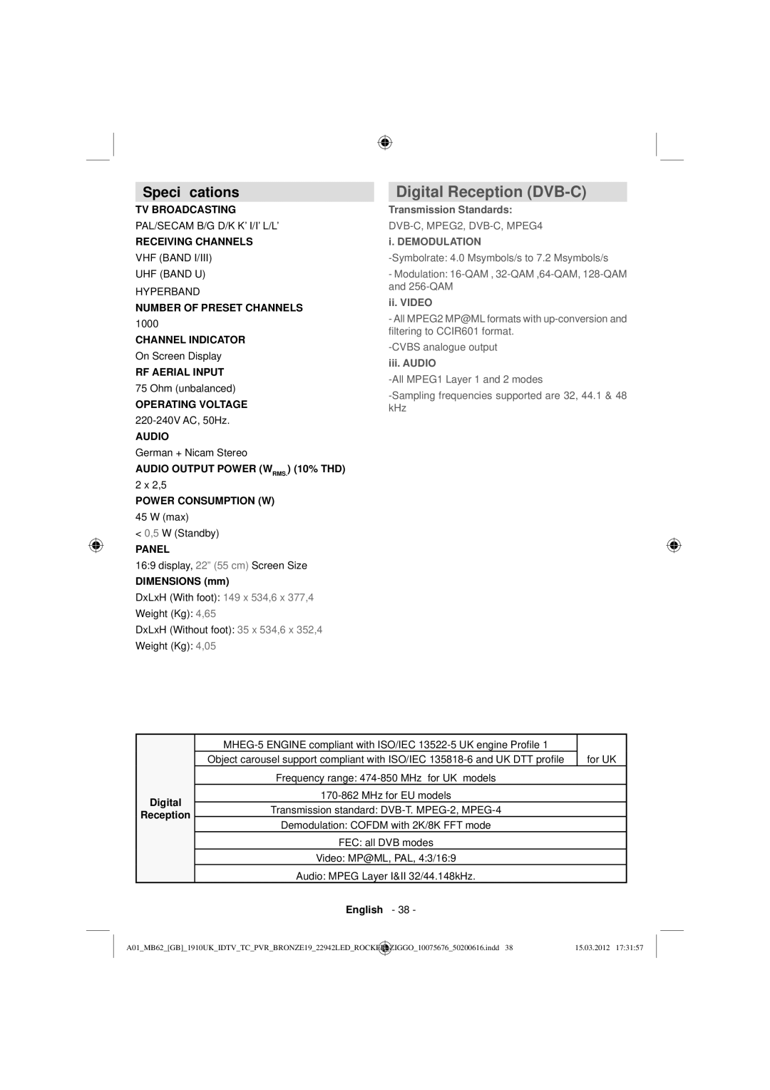 Sharp LC-22LE240E operation manual Speciﬁcations, Dimensions mm, Digital Reception 