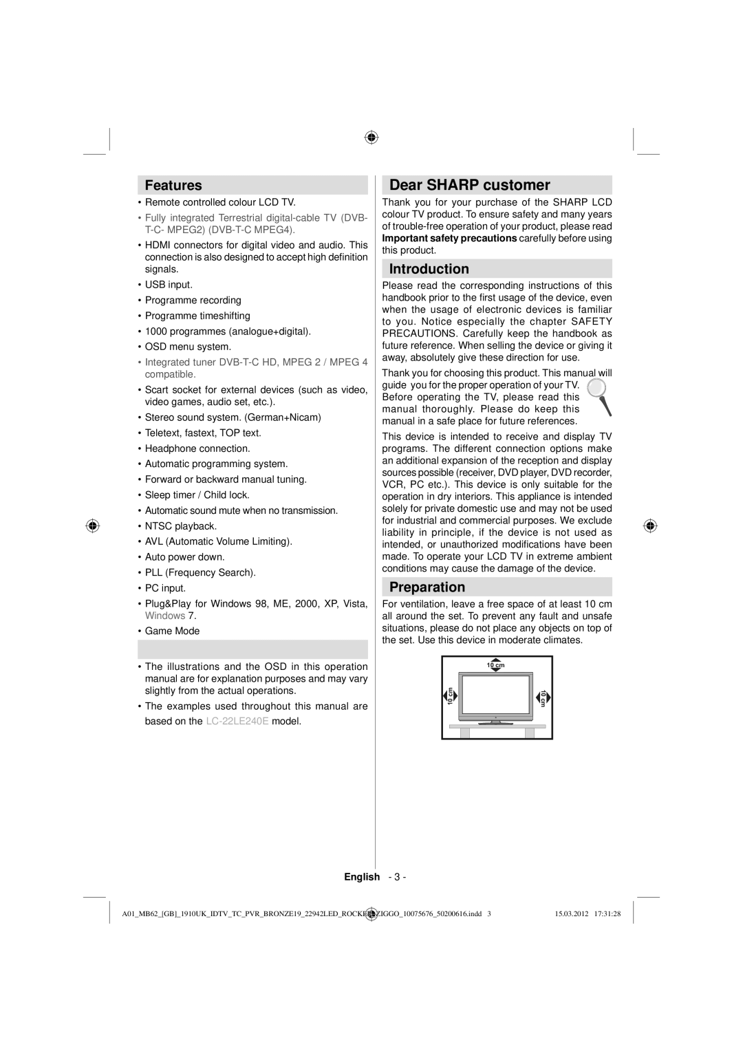 Sharp LC-22LE240E operation manual Dear Sharp customer, Features, Introduction, Preparation 