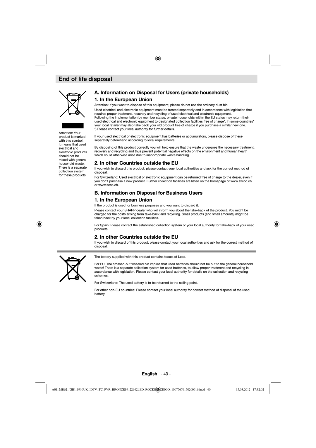 Sharp LC-22LE240E operation manual End of life disposal 