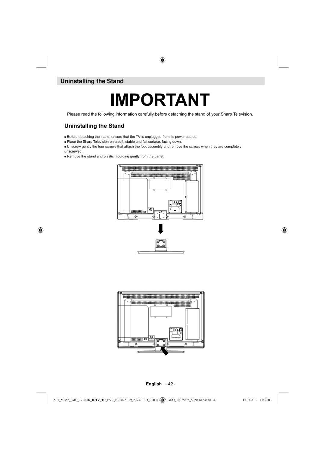 Sharp LC-22LE240E operation manual Uninstalling the Stand 