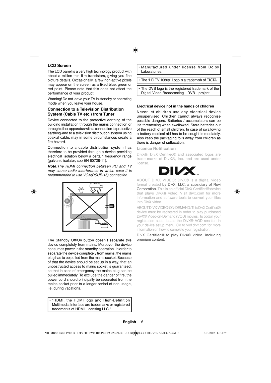 Sharp LC-22LE240E operation manual LCD Screen, Electrical device not in the hands of children 