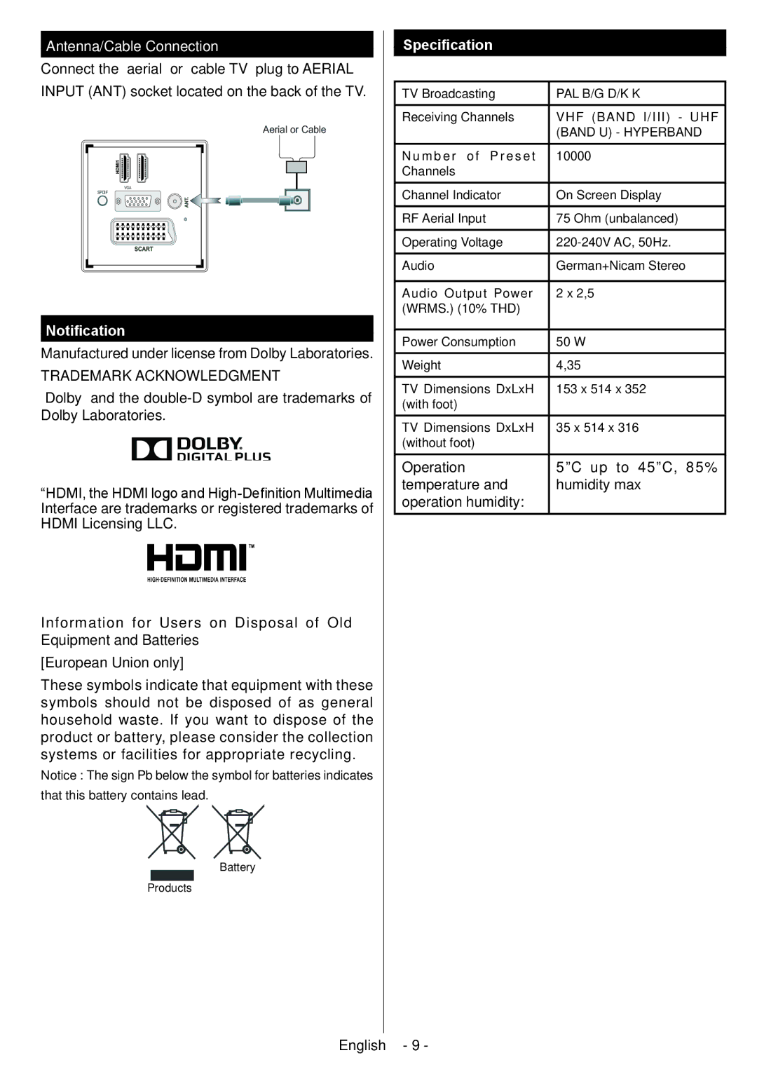 Sharp LC-22LE250E operation manual Antenna/Cable Connection, Notification, Specification 