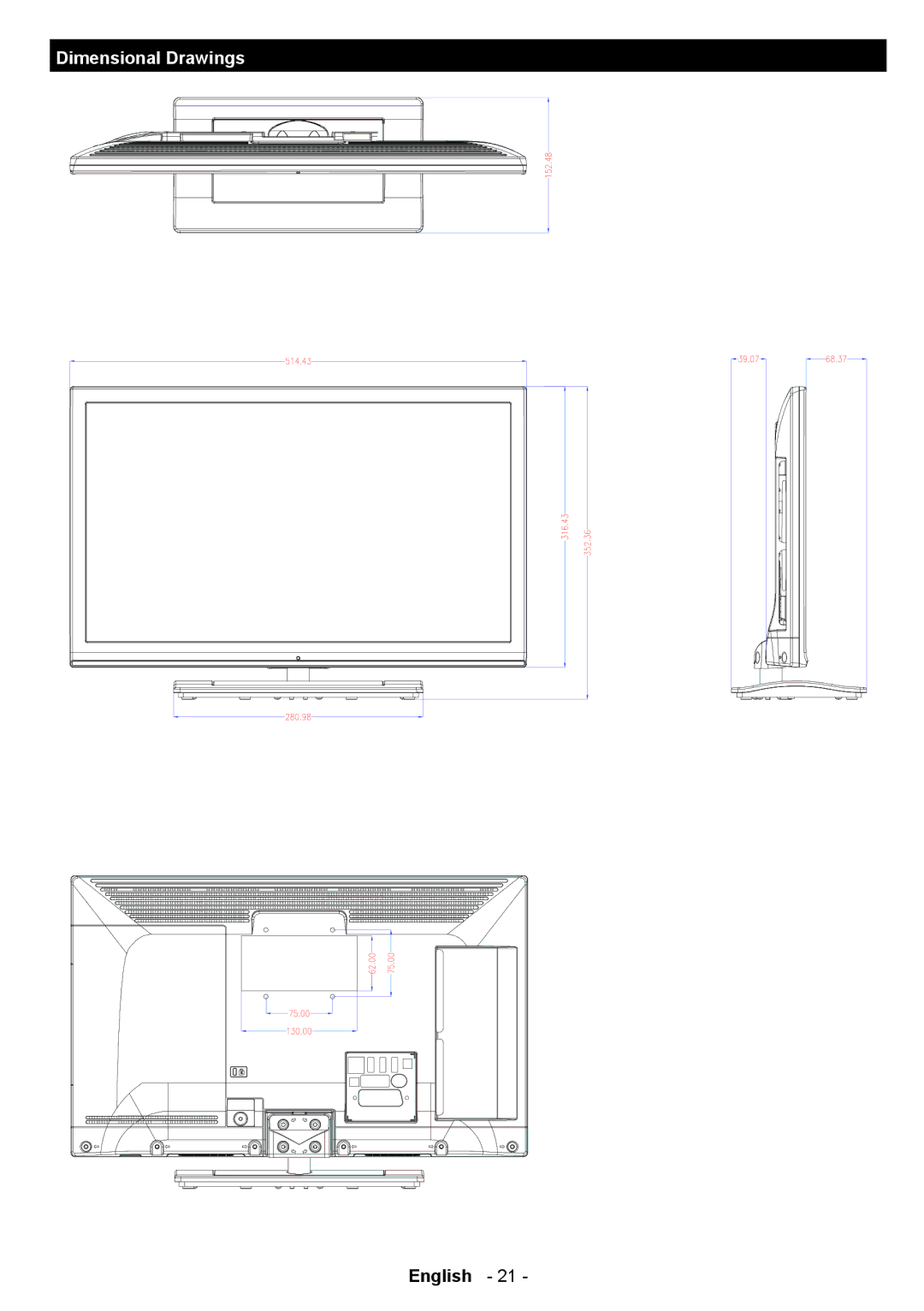 Sharp LC-22LE250E operation manual Dimensional Drawings 