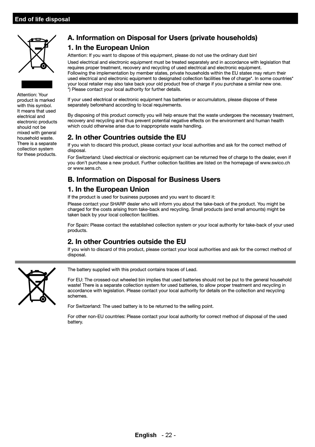 Sharp LC-22LE250E operation manual End of life disposal 