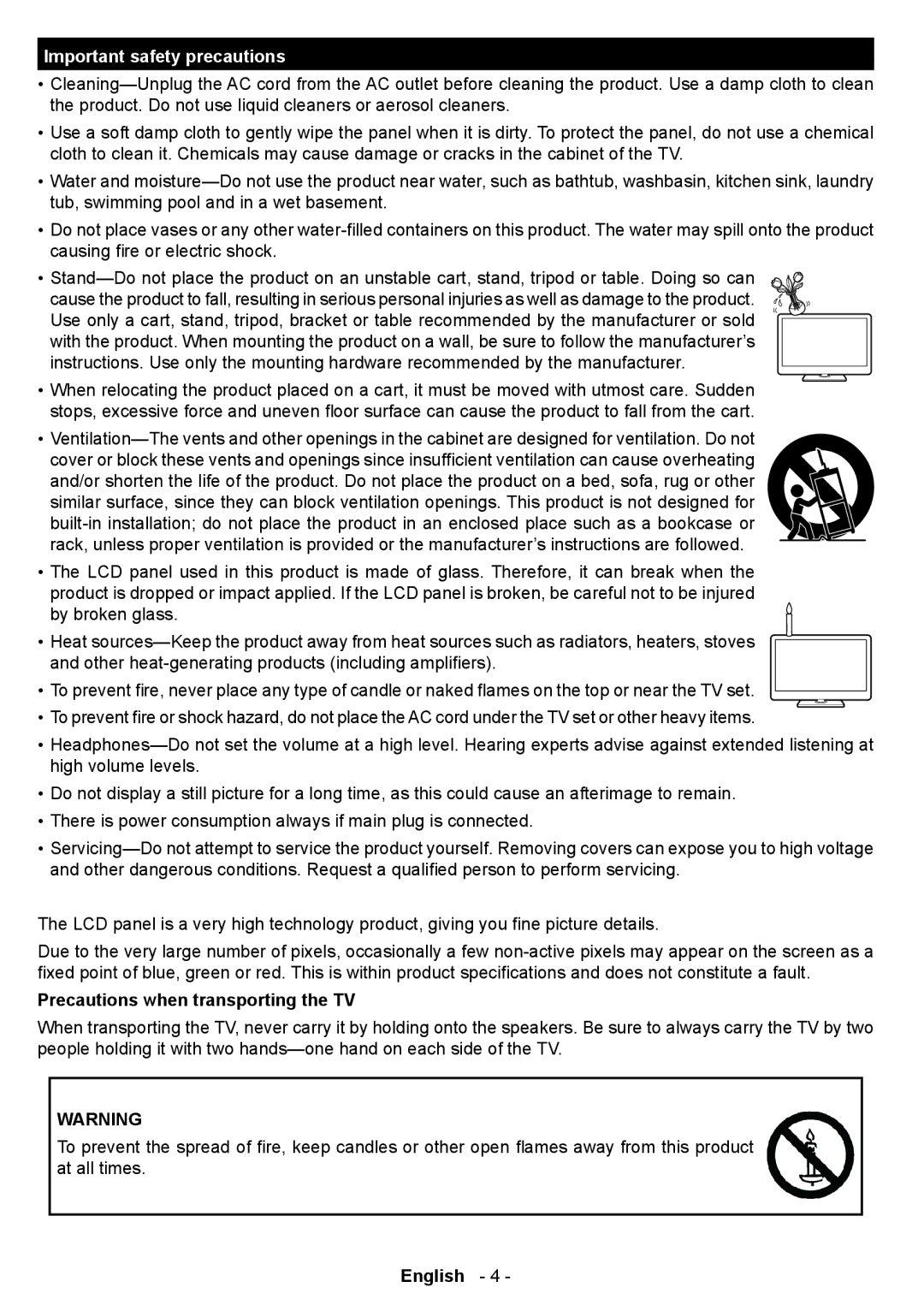 Sharp LC-22LE250E operation manual Important safety precautions, Precautions when transporting the TV 