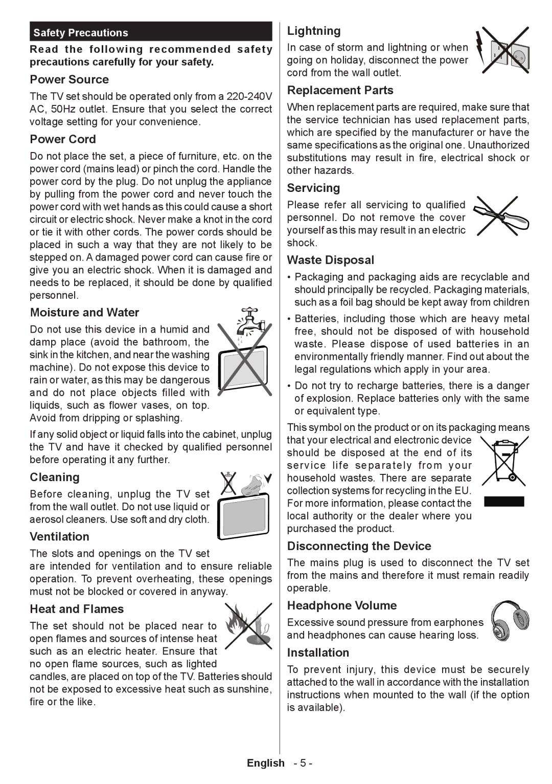 Sharp LC-22LE250E Power Source, Power Cord, Moisture and Water, Cleaning, Ventilation, Heat and Flames, Lightning 