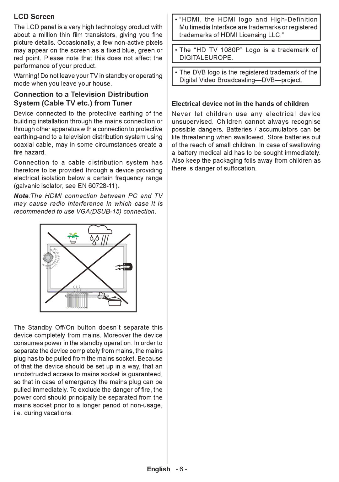 Sharp LC-22LE250E operation manual LCD Screen, Electrical device not in the hands of children 