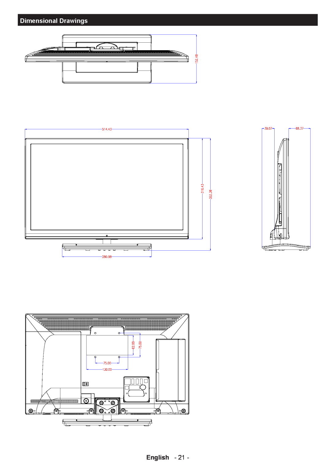 Sharp LC-22LE250K operation manual Dimensional Drawings, English 